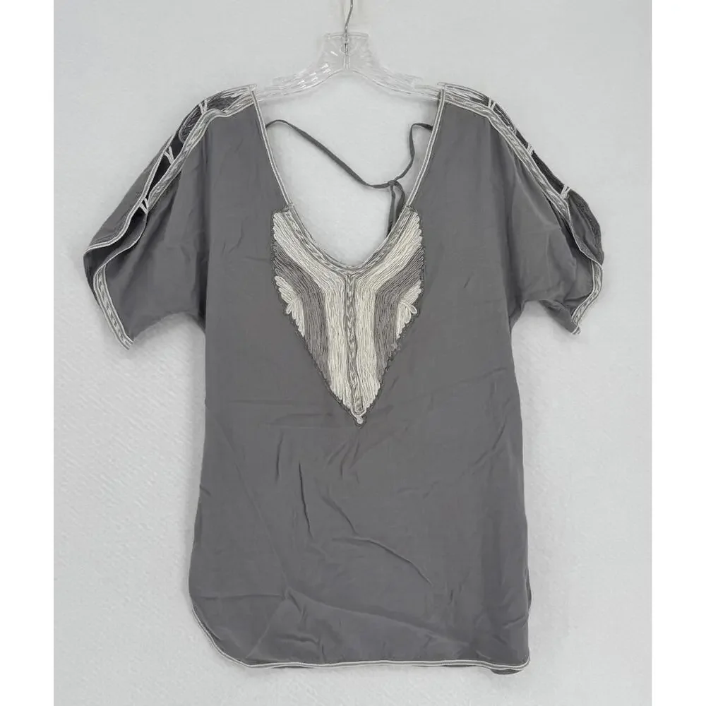 Free People Gray Embroidered Open Back Cold Shoulder Tunic Top Sz S - Picture 1 of 5